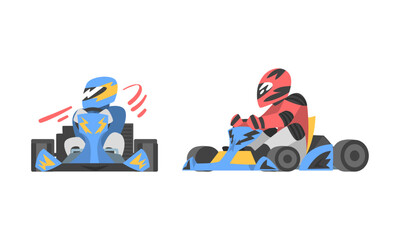 Professional racer in uniform and helmet driving race car set cartoon vector illustration