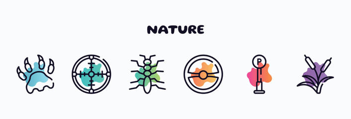 nature outline icons set. thin line icons such as paw print, crosshair, tree lobster, steering wheel, , reeds icon collection. can be used web and mobile.