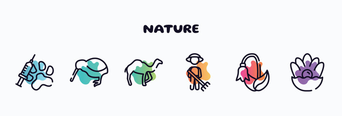 nature outline icons set. thin line icons such as vaccine, kiwi, dromedary, cleaner, harebell, pearl icon collection. can be used web and mobile.