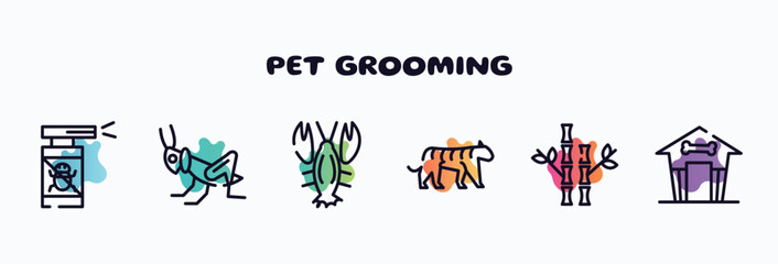 pet grooming outline icons set. thin line icons such as anti flea, grasshopper, lobster, tiger, bamboo, pet house icon collection. can be used web and mobile.