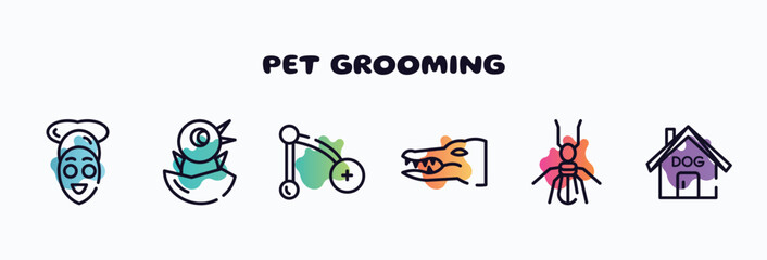 pet grooming outline icons set. thin line icons such as facial treatment, chick, branch, crocodile, termite, dog house icon collection. can be used web and mobile.