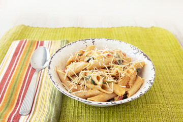 Pretty Gluten Free Dinner Recipe In White Rustick Bowl With Napkin and Spoon