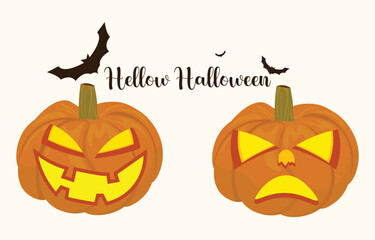 Halloween Pumpkin Vector. and Happy Halloween Letters and Bats. Isolated on light background. Festive greeting card.