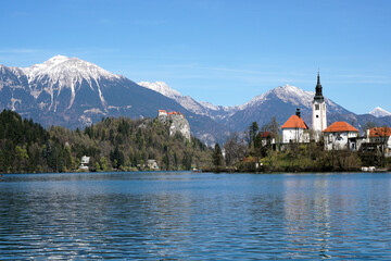 Lake Bled in Slovenia with church and castle                               