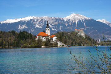 Lake Bled in Slovenia with church and castle                               