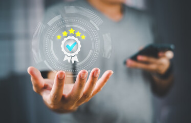 Businessman concept, quality assurance of business on virtual touch screens provide standard ISO Certification and Standard Concepts