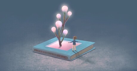 A boy and books of imagination. Concept idea art of education, dream, fantasy, kid, child, inspiration, mystery and reading. surreal artwork. conceptual 3d illustration. - obrazy, fototapety, plakaty