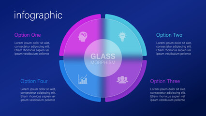 Infographic for 4 options, vector gradient design with realistic frosted glass, glassmorphism effect