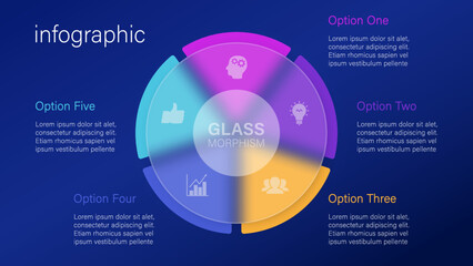 Infographic for 5 options, vector gradient design with realistic frosted glass, glassmorphism effect
