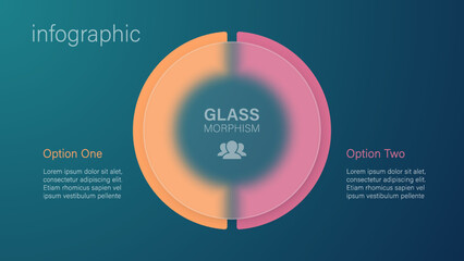 Infographic for 2 options, vector gradient design with realistic frosted glass, glassmorphism effect