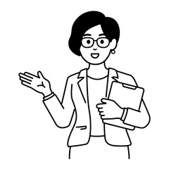 Business woman talking about get great idea. Creative concept. Isolated vector illustration outline hand drawn doodle line art cartoon design character.