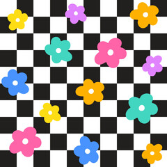 Pastel Rainbow Color Daisy Flower Black Check Checkered Plaid Gingham Pattern Illustration Tablecloth, Picnic mat wrap paper, Mat, Fabric, Textile, Scarf