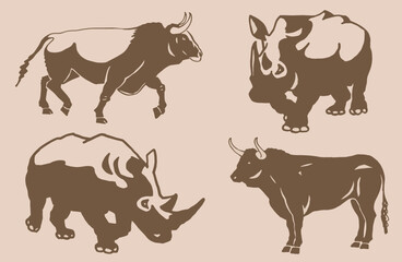 Vector set of bulls and rhinoceroses on sepia background,graphical illustration