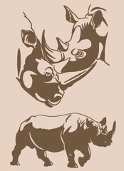 Vector vintage set of rhinos, horned wild animal,graphical illustration