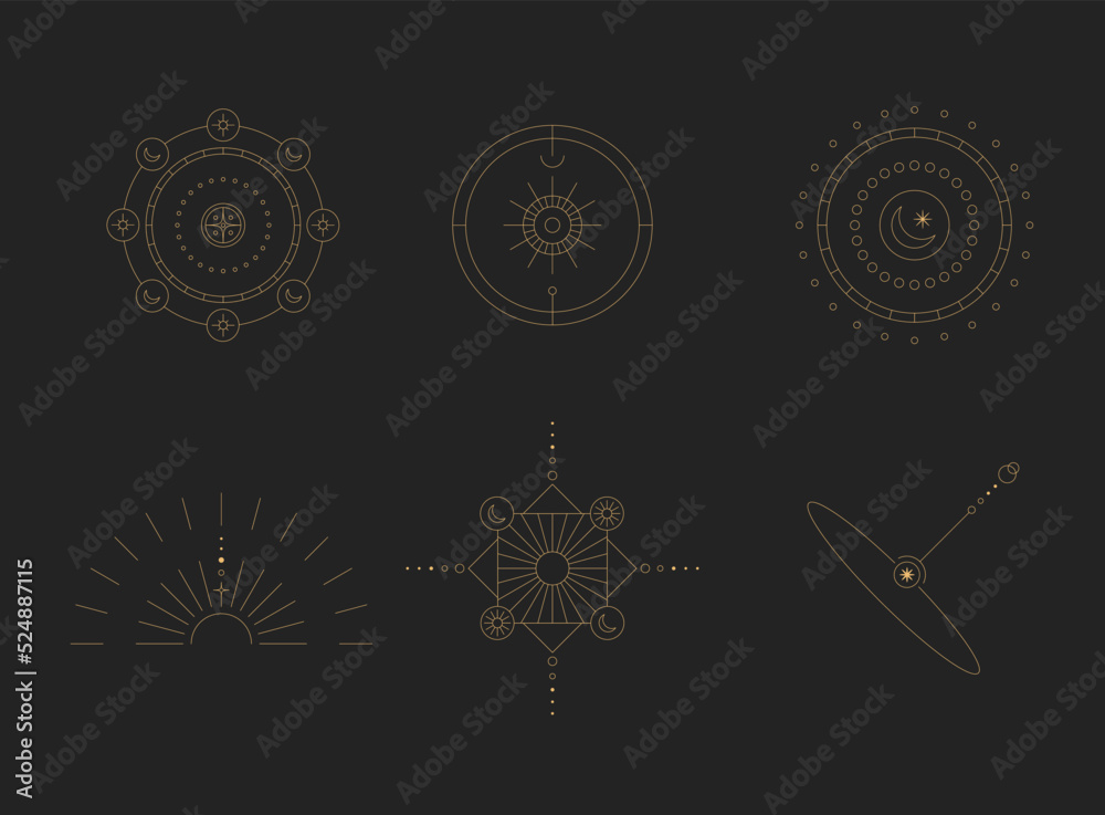 Poster set of moon and sun line art. minimal boho linear symbols. celestial mystic element. vector line art