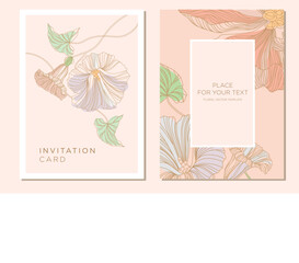 Wedding invitation in the botanical style. Bluebell and peony on a pink background. Background for the invitation, shop, beauty salon, spa. Vector illustration