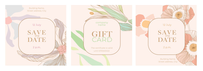 Set of gift cards in the botanical style. Peony, anemone on a pink background. Design template for the wedding invitation, shop, beauty salon, spa. Vector illustration - 524887177