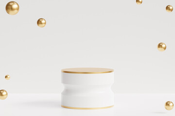Podium or pedestal with golden spheres on white background, 3d render