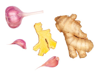 Ginger root and garlic isolated on a white background