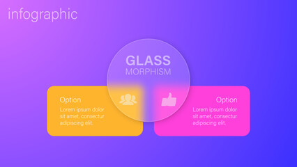 Infographic for 2 options, vector gradient design with realistic frosted glass, glassmorphism effect