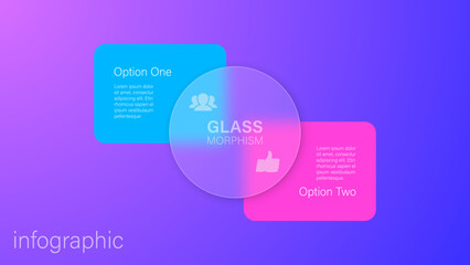 Infographic for 2 options, vector gradient design with realistic frosted glass, glassmorphism effect