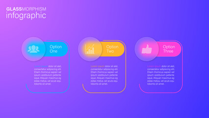 Infographic for 3 options, vector gradient design with realistic frosted glass, glassmorphism effect
