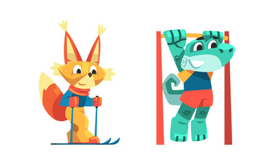 Animals doing sports set. Fox and crocodile characters skiing and doing pulling up exercise. Fitness and healthy lifestyle vector illustration