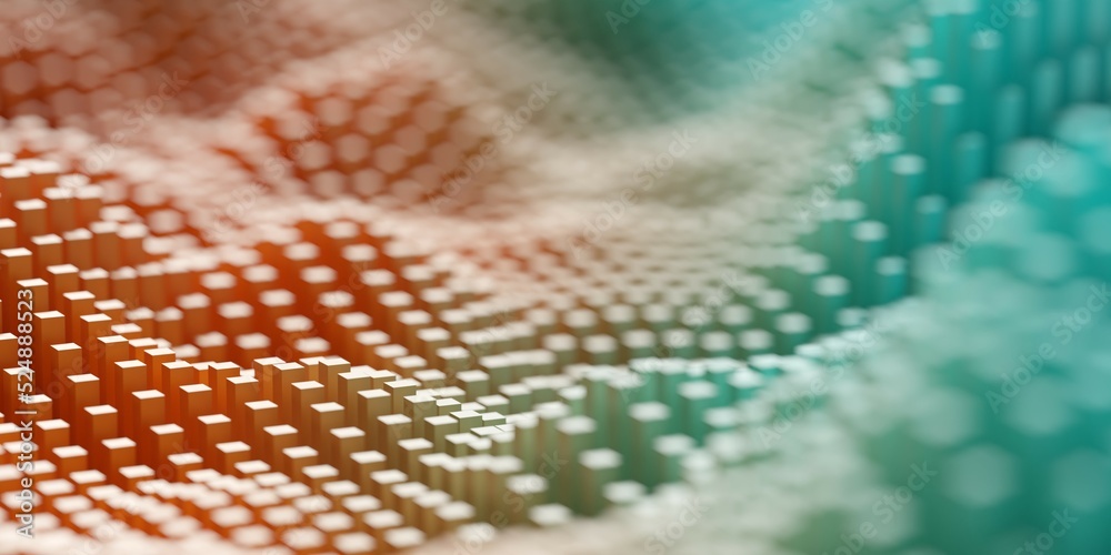 Poster waves from green and orange gradient cube or box mesh array background, abstract modern data visuali