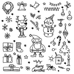 Christmas elements collection. Hand drawn doodle set: Santa Claus, Snowman, Reindeer, gift, stars, snowflakes, festive decoration, Christmas tree. Simple Line art, isolated on a white background.