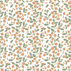 Seamless vintage pattern with berries and leaves. Wild berries, blueberry plant, simple retro vector wallpaper with a white background. Textile, fabric summer floral design.