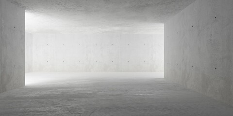 Abstract large, empty, modern concrete room, indirect light from behind wall from the sides and rough floor - industrial interior background template