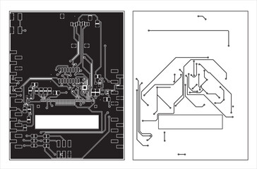 Tracing the conductors of a multilayer printed circuit board.
Vector drawing of printed tracks, transition holes,
contact pads and copper metallization areas.
Silkscreen printing, assembly drawing.