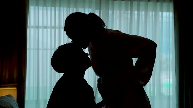4K, Shadow portrait of two Asian women in same-sex couples.Both showed love, one leaning towards the pregnant woman's belly and the other kissing his forehead. Love and friendship of LGBTQ couples