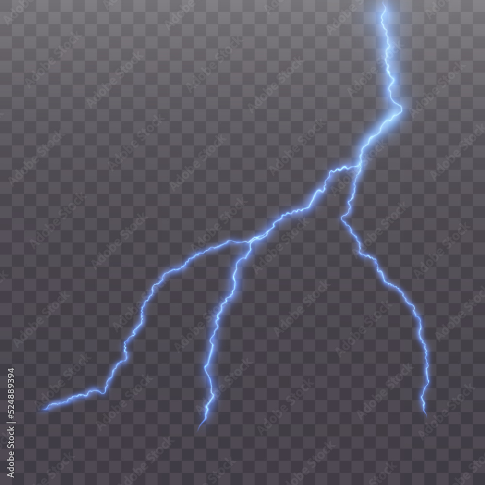 Poster Glowing lightning. Thunderstorm. The effect of a powerful electric discharge. Realistic thunderstorm effect. Vector