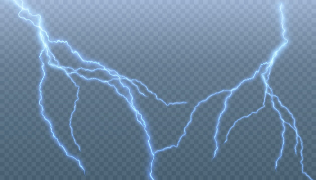 Glowing lightning. Thunderstorm. The effect of a powerful electric discharge. Realistic thunderstorm effect. Vector