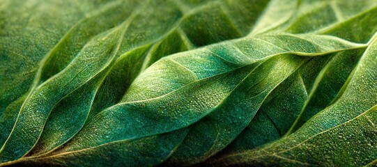 Spectacular realistic detailed veins and a vivid green coloration are revealed in this abstract close-up of green leaf. Digital 3D illustration. Macro - obrazy, fototapety, plakaty