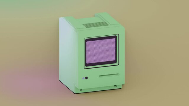 Entering floppy disk into retro looking personal computer. Blank pink blinking monitor for user text, graphics template. 3D animation, Orthogonal low poly design. 