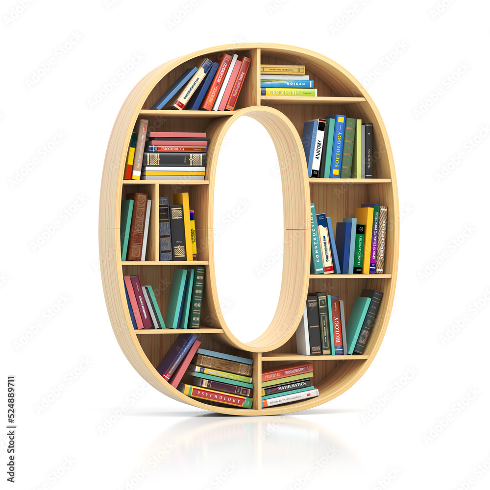 Poster Number 0 zero in form of bookshelf with book and texbooks. Educational and learning conceptual font and alphabet.