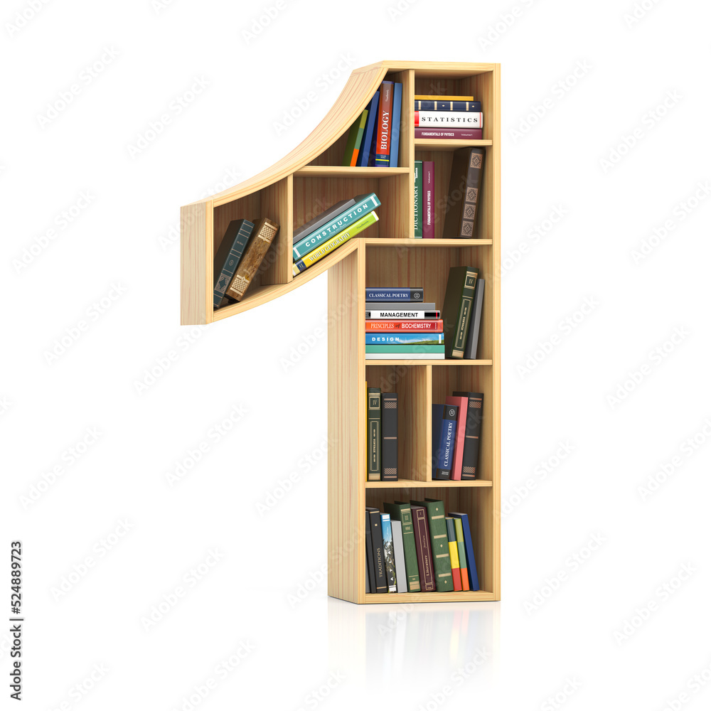 Poster Number 1 one  in form of bookshelf with book and texbooks. Educational and learning conceptual font and alphabet.