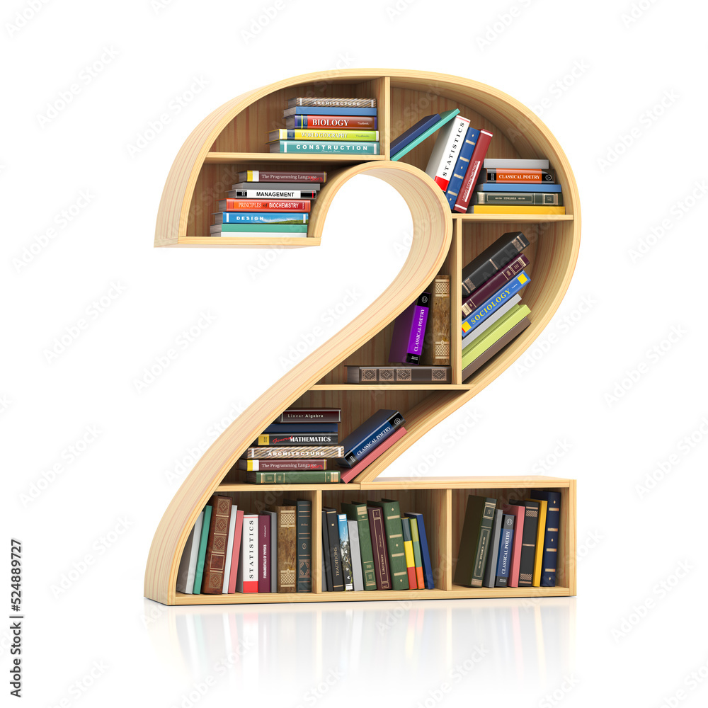 Poster Number 2 two in form of bookshelf with book and texbooks. Educational and learning conceptual font and alphabet.