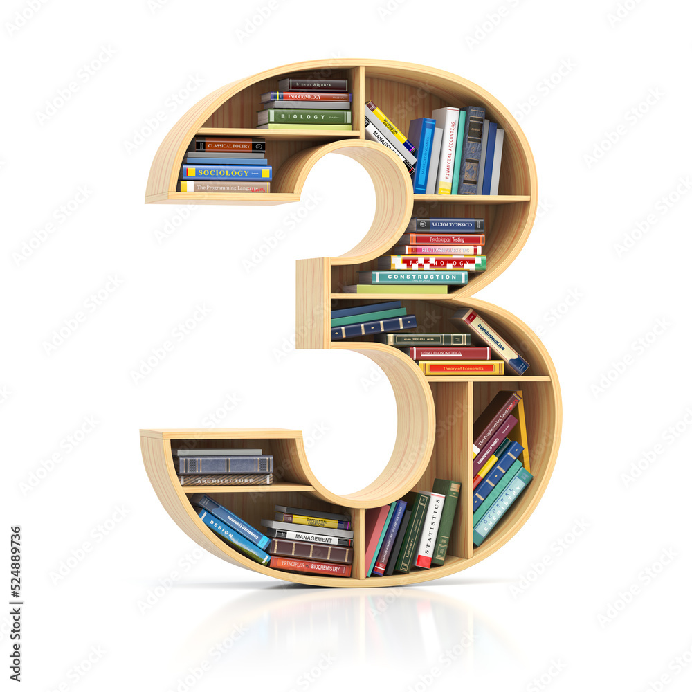 Poster Number 3 three in form of bookshelf with book and texbooks. Educational and learning conceptual font and alphabet.