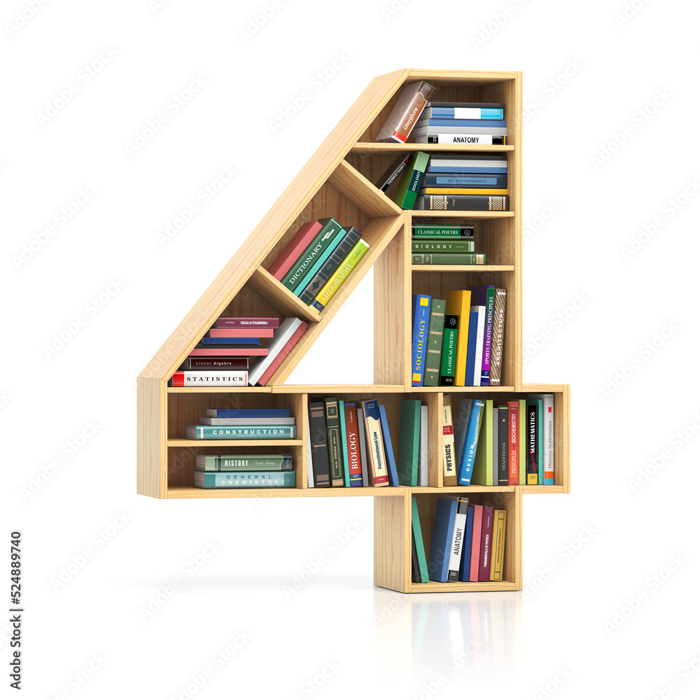 Aufkleber Number 4 four in form of bookshelf with book and texbooks. Educational and learning conceptual font and alphabet.