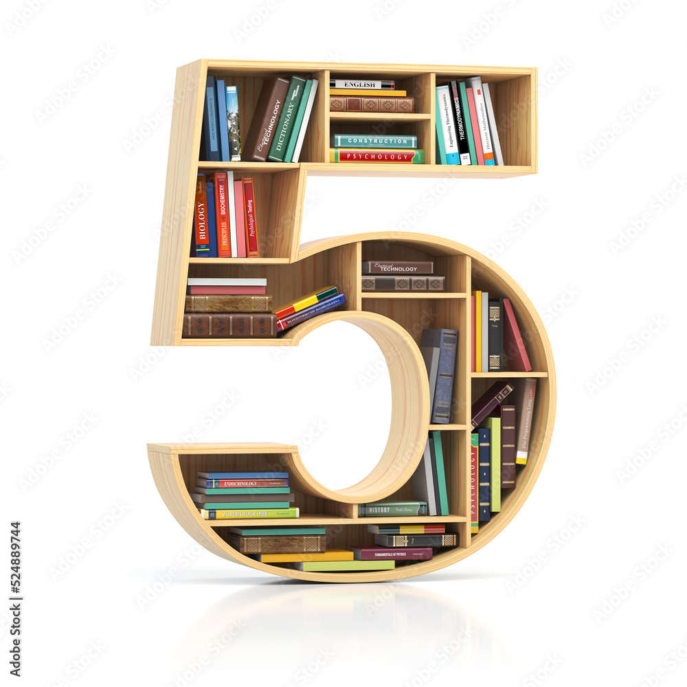 Poster Number 5 five in form of bookshelf with book and texbooks. Educational and learning conceptual font and alphabet.