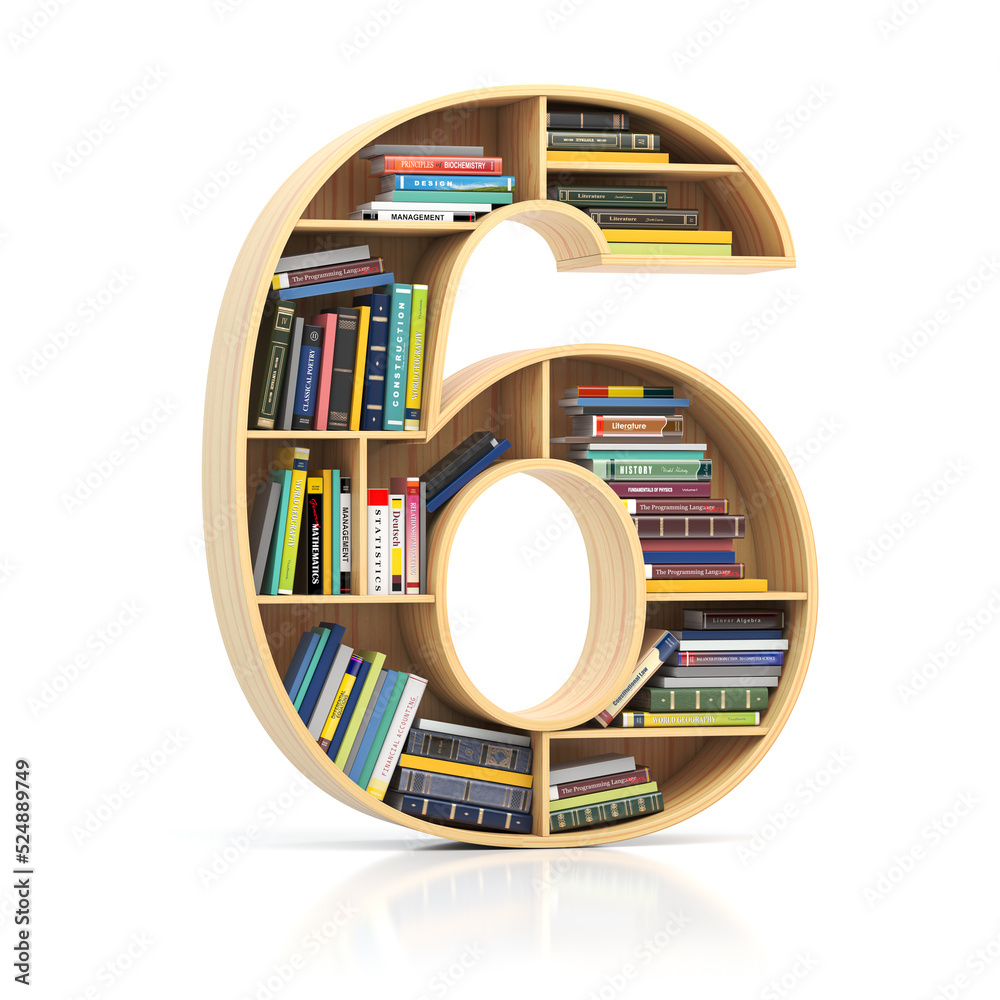 Aufkleber Number 6 six in form of bookshelf with book and texbooks. Educational and learning conceptual font and alphabet.