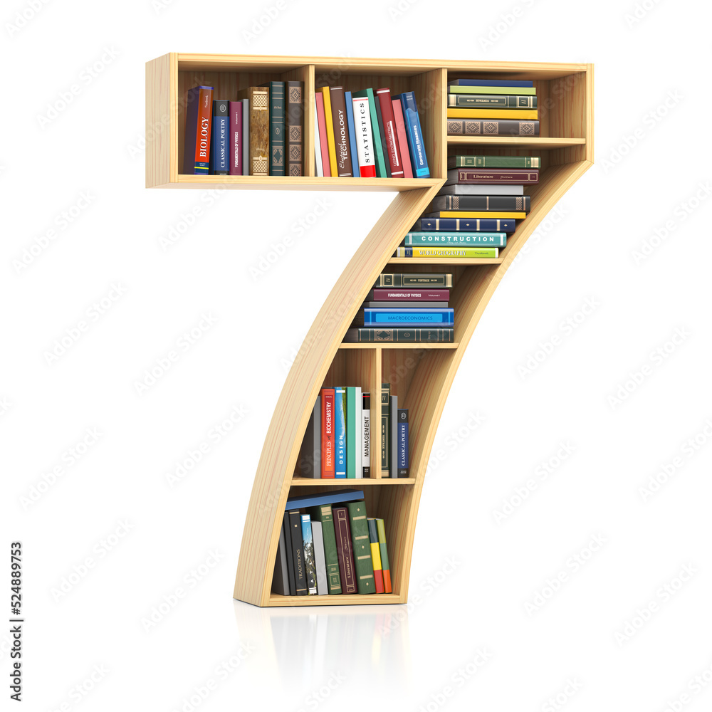 Poster Number 7 seven in form of bookshelf with book and texbooks. Educational and learning conceptual font and alphabet.