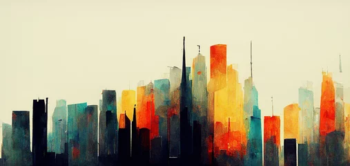 Wall murals Watercolor painting skyscraper Spectacular watercolor painting of an abstract urban, cityscape, skyscraper scene in orange and teal, grayish smog. Double exposure building. Digital art 3D illustration.