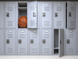 School or gym locker room with small lockers box insuficient for basketball ball. - 524889778
