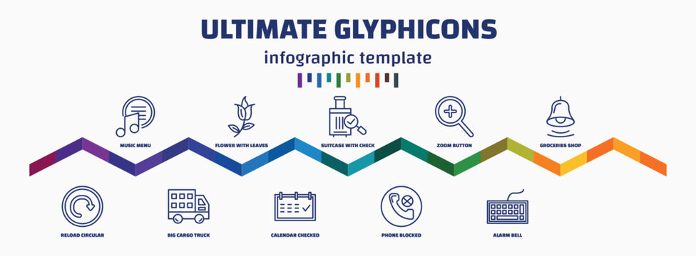 infographic template with icons and 11 options or steps. infographic for ultimate glyphicons concept. included music menu, reload circular arrow, flower with leaves, big cargo truck, suitcase with