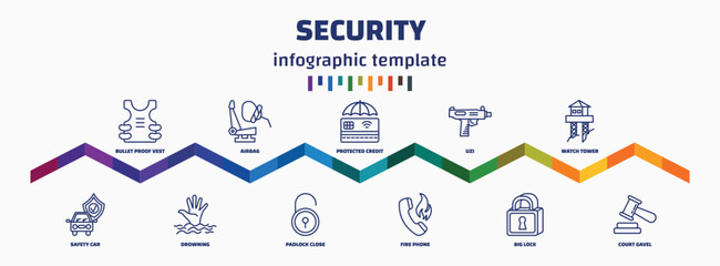 infographic template with icons and 11 options or steps. infographic for security concept. included bullet proof vest, safety car, airbag, drowning, protected credit card, padlock close, uzi, fire