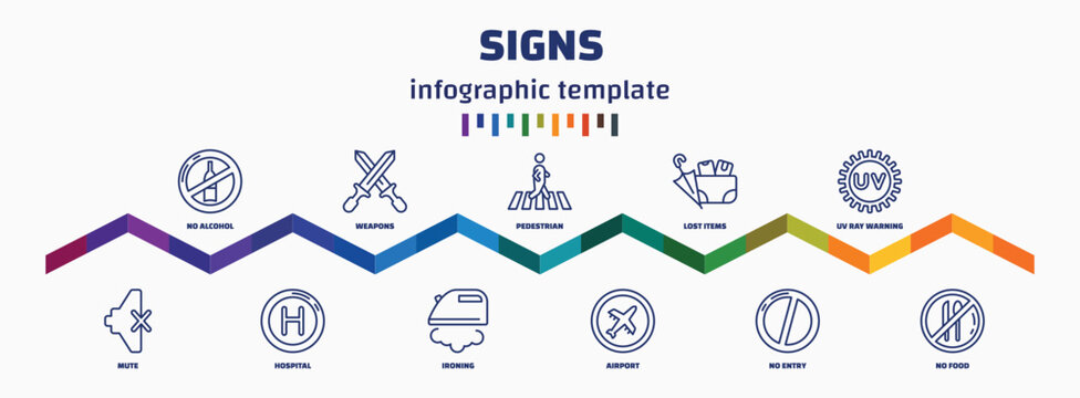 infographic template with icons and 11 options or steps. infographic for signs concept. included no alcohol, mute, weapons, hospital, pedestrian, ironing, lost items, airport, uv ray warning, no